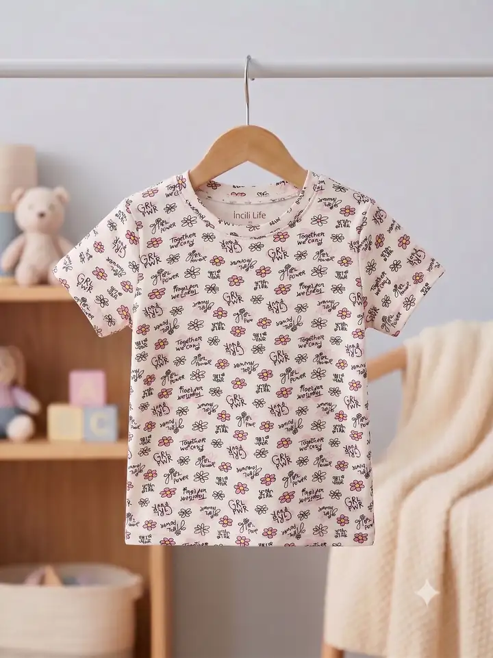 İncili Tekstil Kız Çocuk Beyaz Renk Çiçek Desenli Pamuklu Tişört – görsel 2