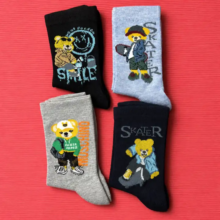4'lü Set - Kaykaycı Ayıcık Desenli Dikişsiz Çocuk Çorabı | Sokak Stili Yumuşak Dokulu Cool Çorap Seti – görsel 3