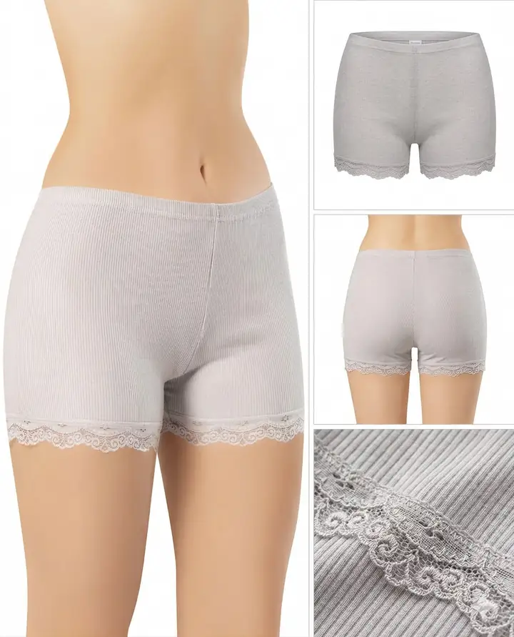 İncili Tekstil Kadın 3'lü Dantel Paçalı Fitilli Boxer Şort Seti - Siyah, Ten, Gri – görsel 4