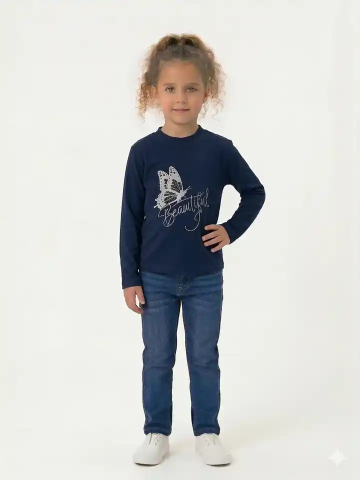 İncili Tekstil Kız Çocuk Lacivert Kelebek Baskılı Sweatshirt - Gümüş Simli Detaylı İnce Penye Sweat