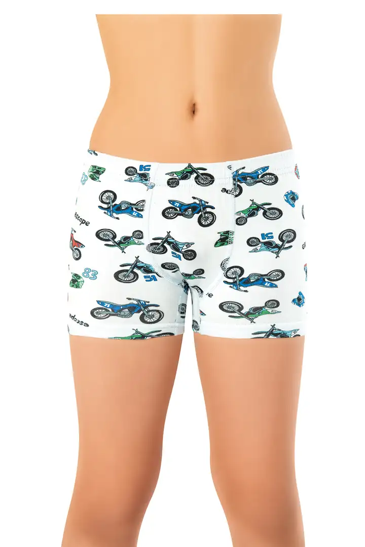 Erkek Çocuk Beyaz Motokros Desenli Pamuklu Boxer
