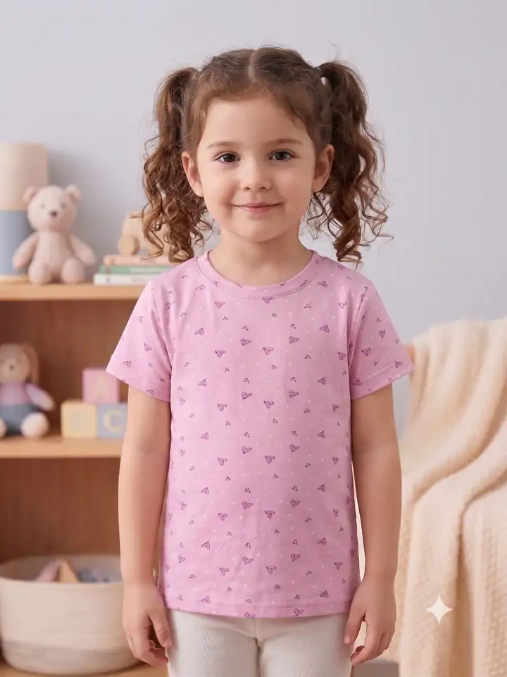 İncili Tekstil Kız Çocuk Pembe Renk Kalp Desenli Pamuklu Tişört