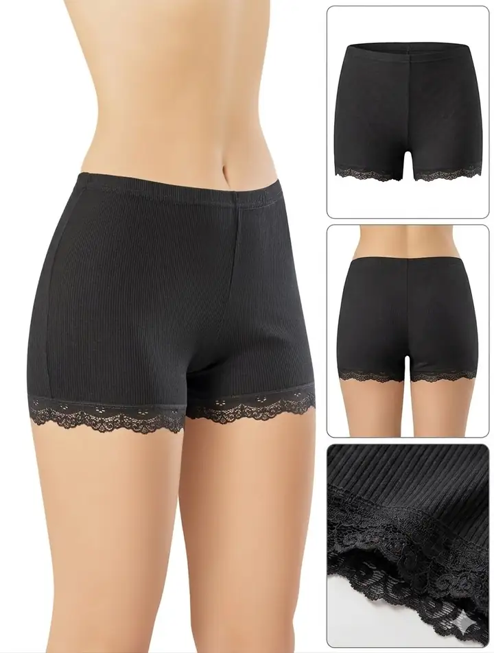 İncili Tekstil Kadın 3'lü Dantel Paçalı Fitilli Boxer Şort Seti - Siyah, Ten, Gri – görsel 2