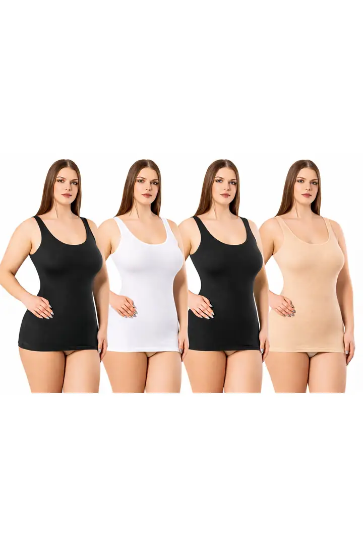 Büyük Beden Geniş Askılı Basic Atlet 4’lü Set (2 Siyah-1 Beyaz-1 Ten)