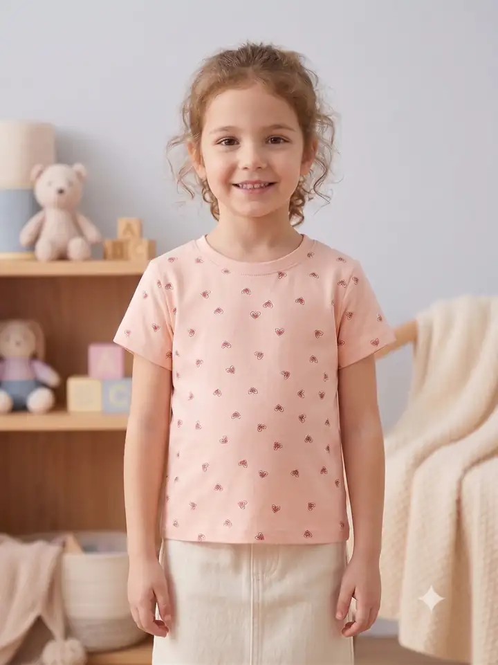 İncili Tekstil Kız Çocuk Pudra Rengi Kalp Desenli Pamuklu Tişört