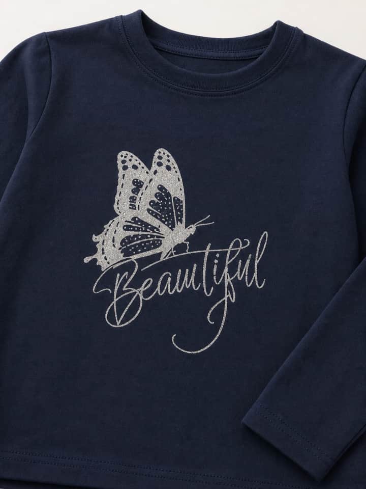 İncili Tekstil Kız Çocuk Lacivert Kelebek Baskılı Sweatshirt - Gümüş Simli Detaylı İnce Penye Sweat – görsel 3