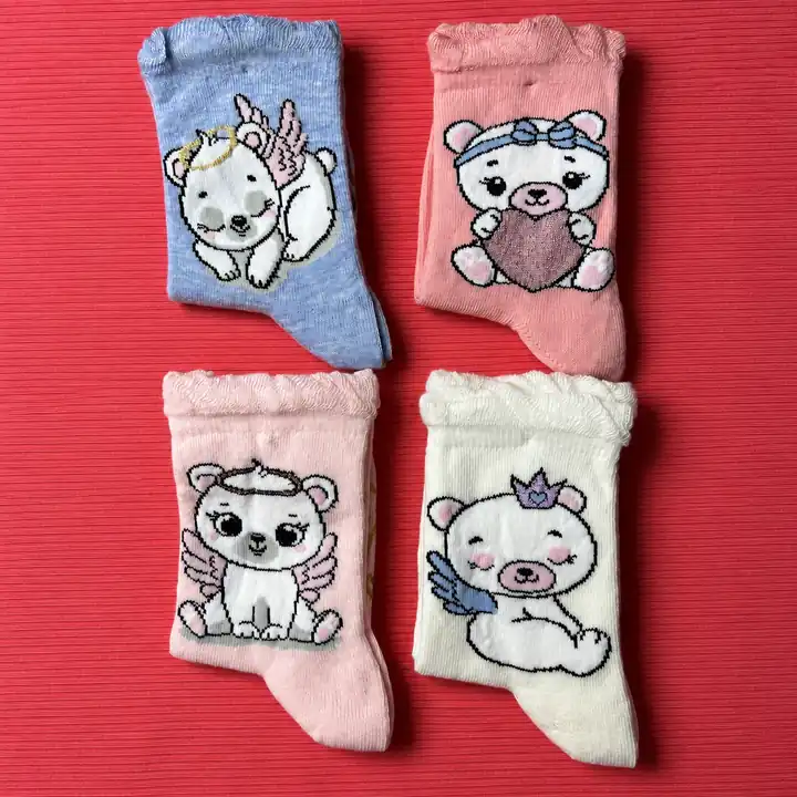 4'lü Set - Melek Ayıcık Desenli Fırfırlı Dikişsiz Çocuk Çorabı | Yumuşak Dokulu Sevimli Kız Bebek/Çocuk – görsel 2