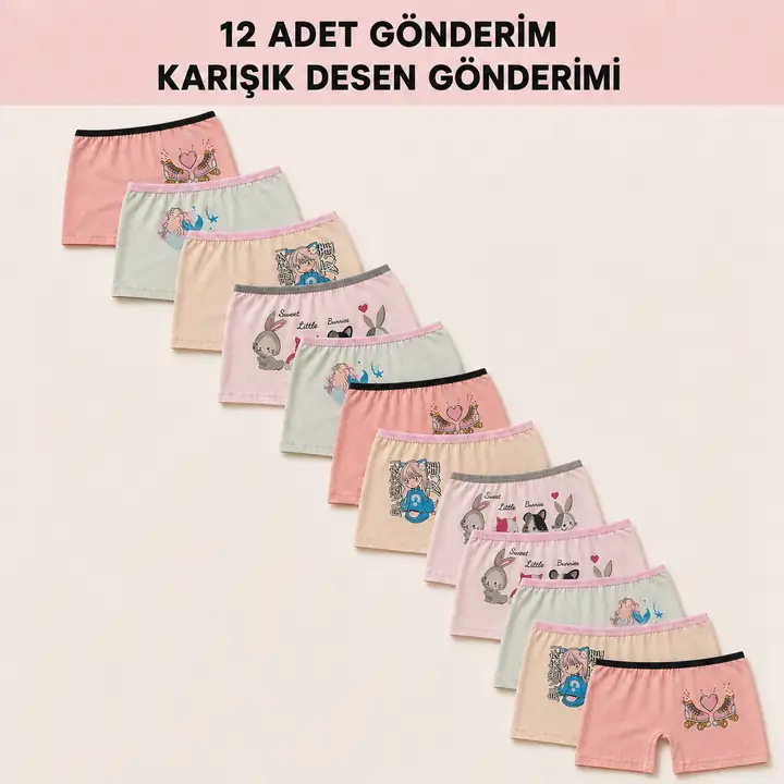 Kız Çocuk Pamuklu 12'li Paket Karışık Desenli Boxer Şort Külot Seti – görsel 4