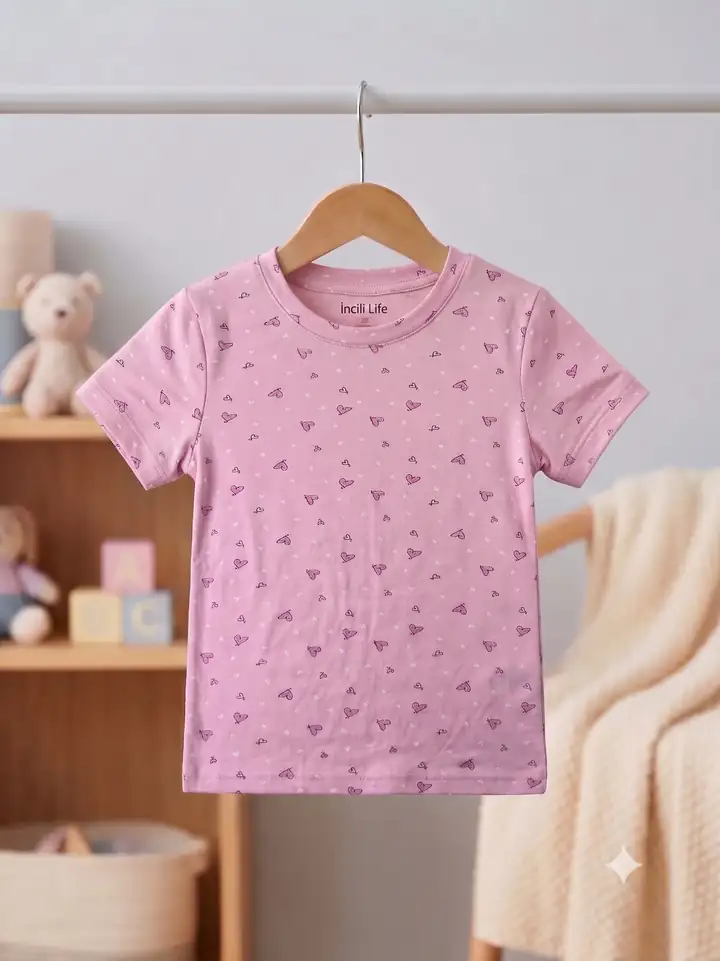 İncili Tekstil Kız Çocuk Pembe Renk Kalp Desenli Pamuklu Tişört – görsel 2