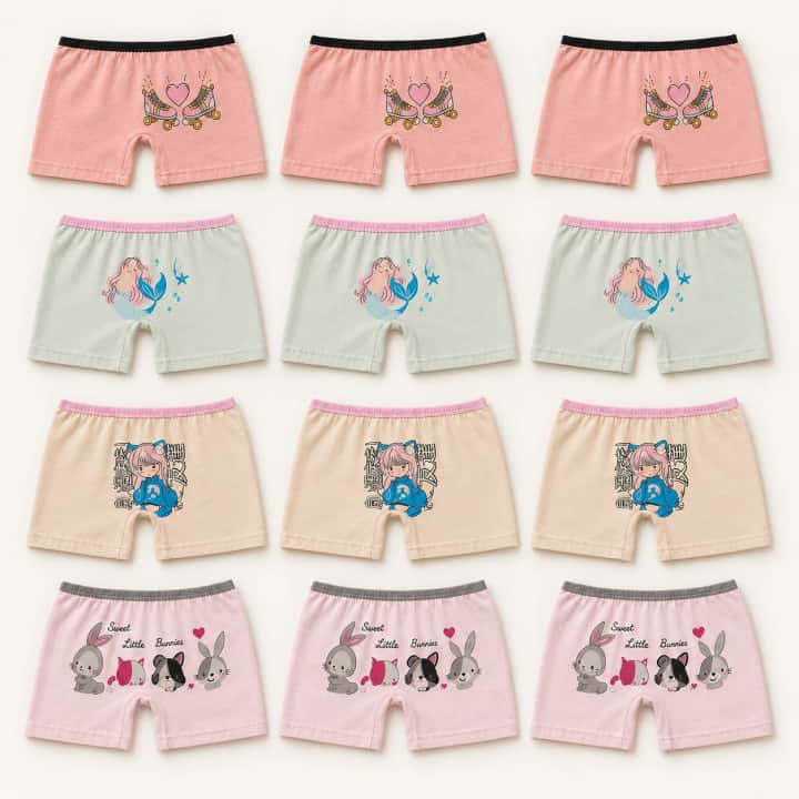 Kız Çocuk Pamuklu 12'li Paket Karışık Desenli Boxer Şort Külot Seti