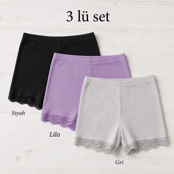 İncili Tekstil Kadın 3'lü Dantel Paçalı Fitilli Boxer Şort Seti - Siyah, Gri, Lila