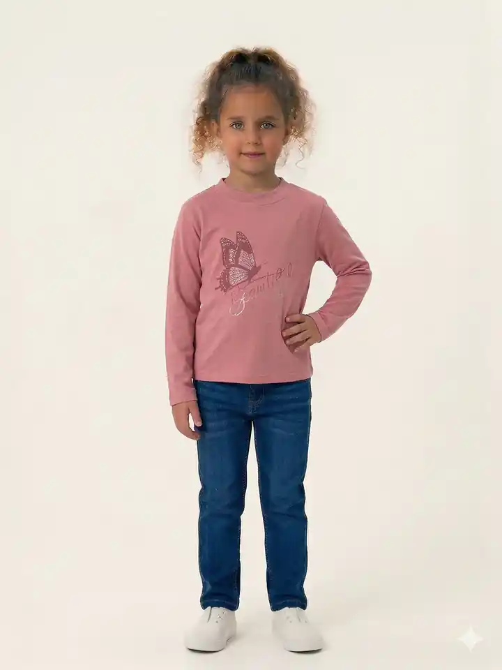 İncili Tekstil Kız Çocuk Pembe Kelebek Baskılı Sweatshirt - Gümüş Simli Detaylı İnce Penye Sweat