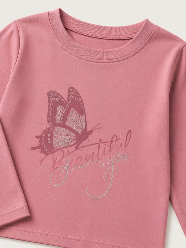 İncili Tekstil Kız Çocuk Pembe Kelebek Baskılı Sweatshirt - Gümüş Simli Detaylı İnce Penye Sweat – görsel 3