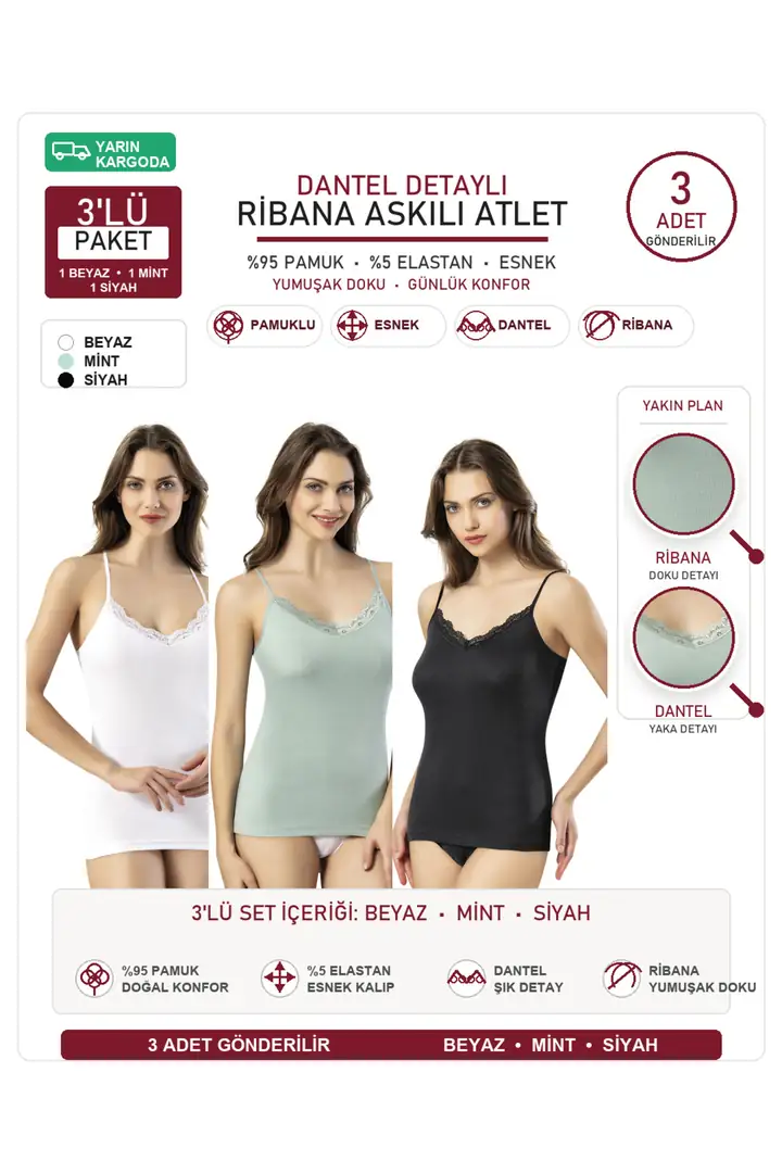 Kadın Ribana Pamuklu Dantelli İp Askılı Atlet 3'lü Set - Siyah-Beyaz-Çağla