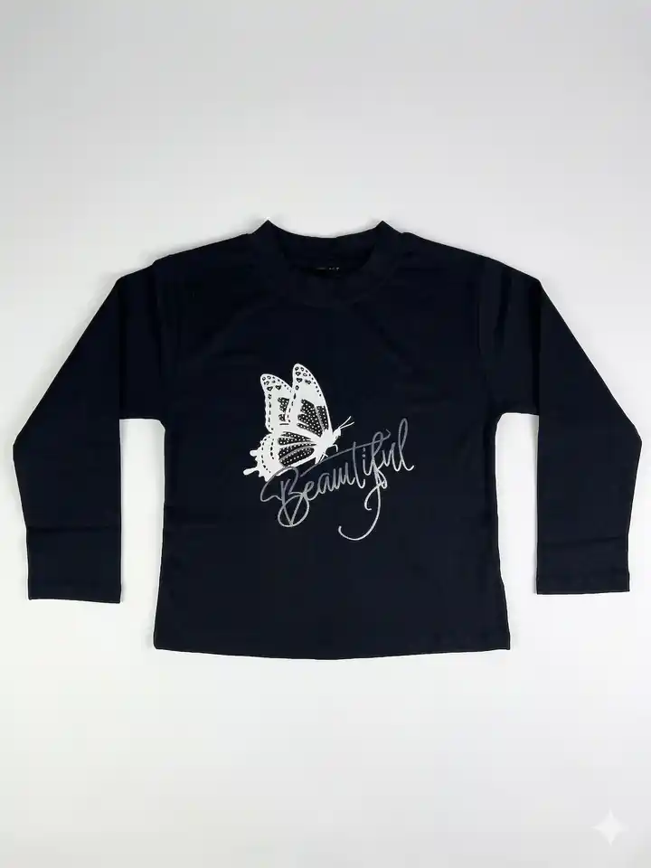 İncili Tekstil Kız Çocuk Lacivert Kelebek Baskılı Sweatshirt - Gümüş Simli Detaylı İnce Penye Sweat – görsel 2