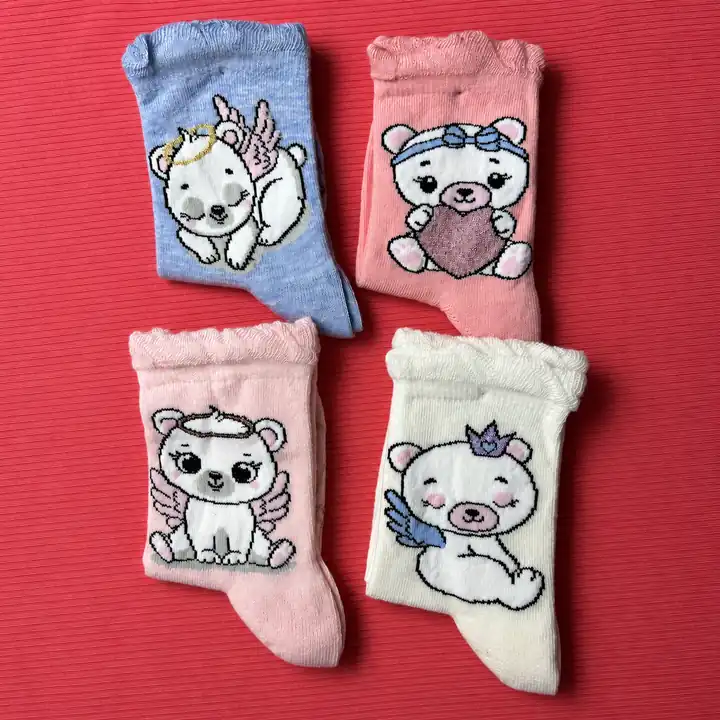 4'lü Set - Melek Ayıcık Desenli Fırfırlı Dikişsiz Çocuk Çorabı | Yumuşak Dokulu Sevimli Kız Bebek/Çocuk – görsel 3