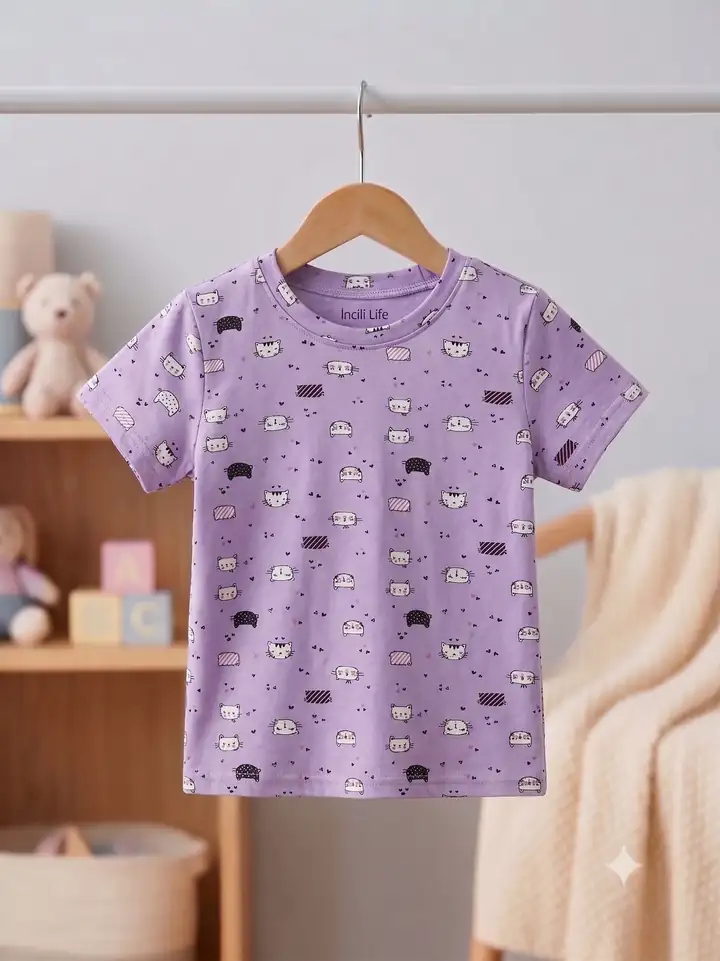 İncili Tekstil Kız Çocuk Lila Rengi Kedi Desenli Pamuklu Tişört – görsel 2