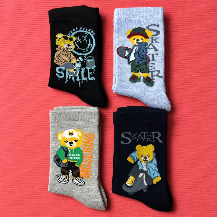 4'lü Set - Kaykaycı Ayıcık Desenli Dikişsiz Çocuk Çorabı | Sokak Stili Yumuşak Dokulu Cool Çorap Seti – görsel 2