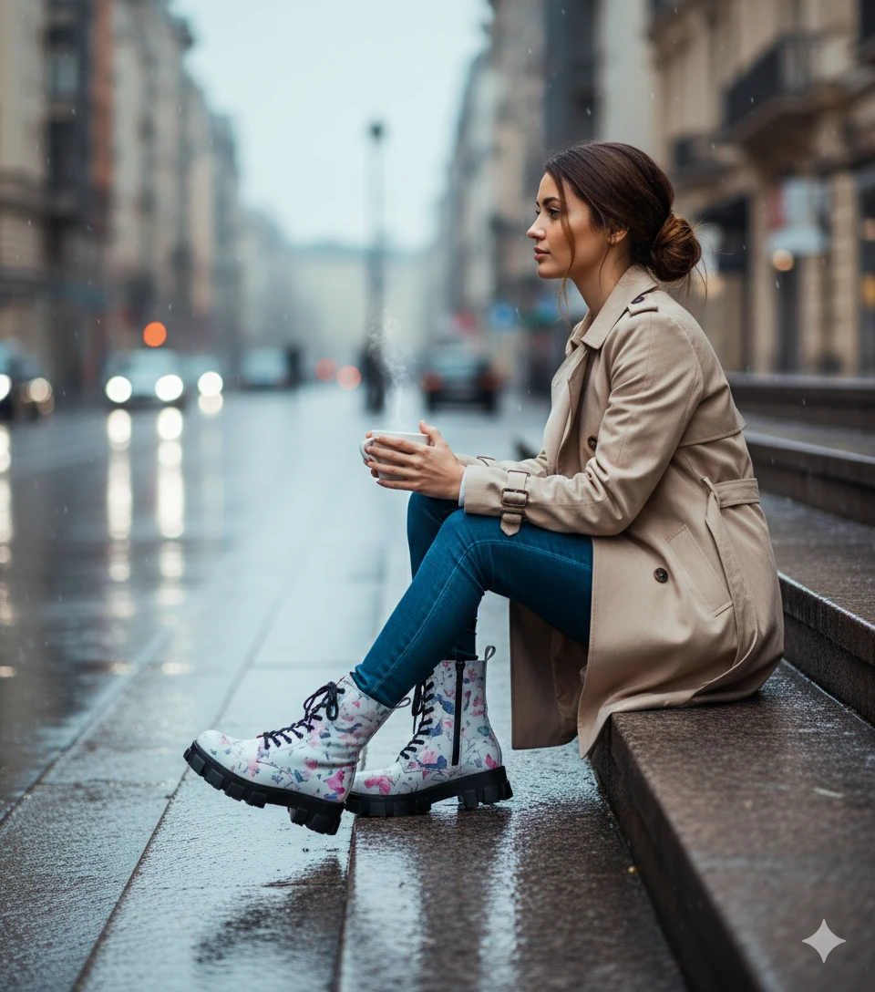 1102 Renkli Yapraklar Desenli Kışlık Uzun Bot