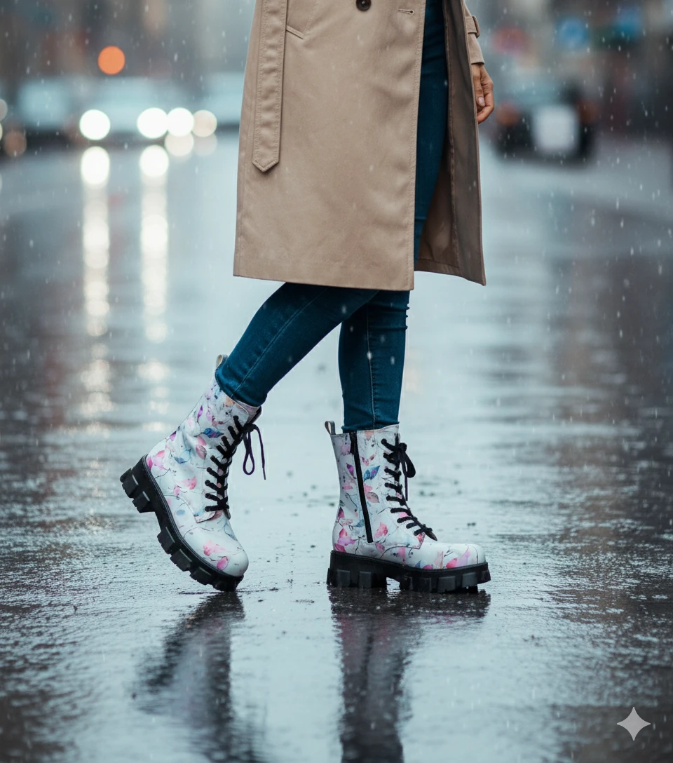 1102 Renkli Yapraklar Desenli Kışlık Uzun Bot