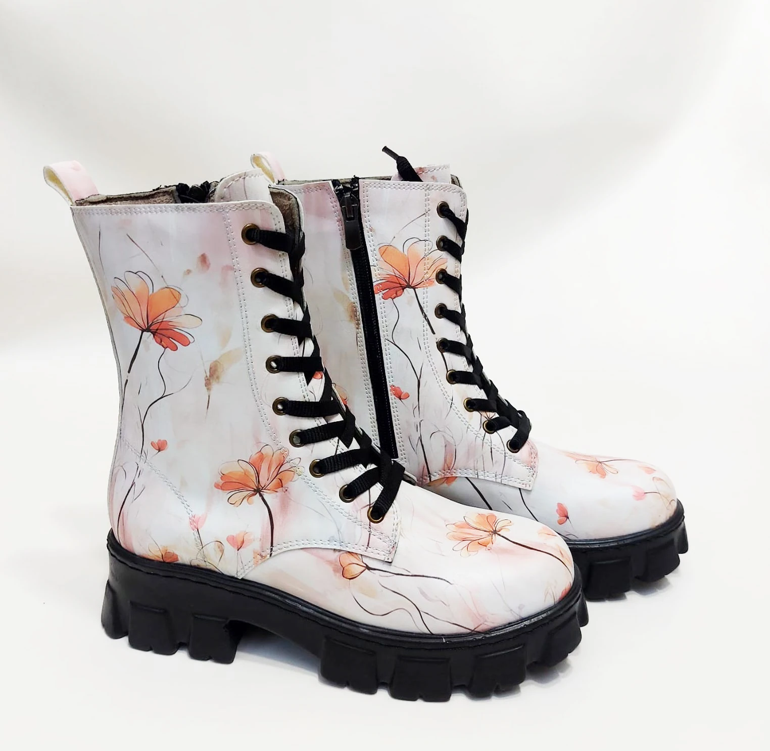 1101 Turuncu Çiçek Desenli Kışlık Uzun Bot