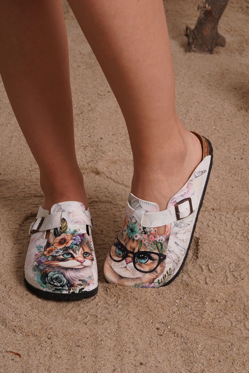 8042 Tatlı Kedi Desenli Baskılı Sabo Terlik