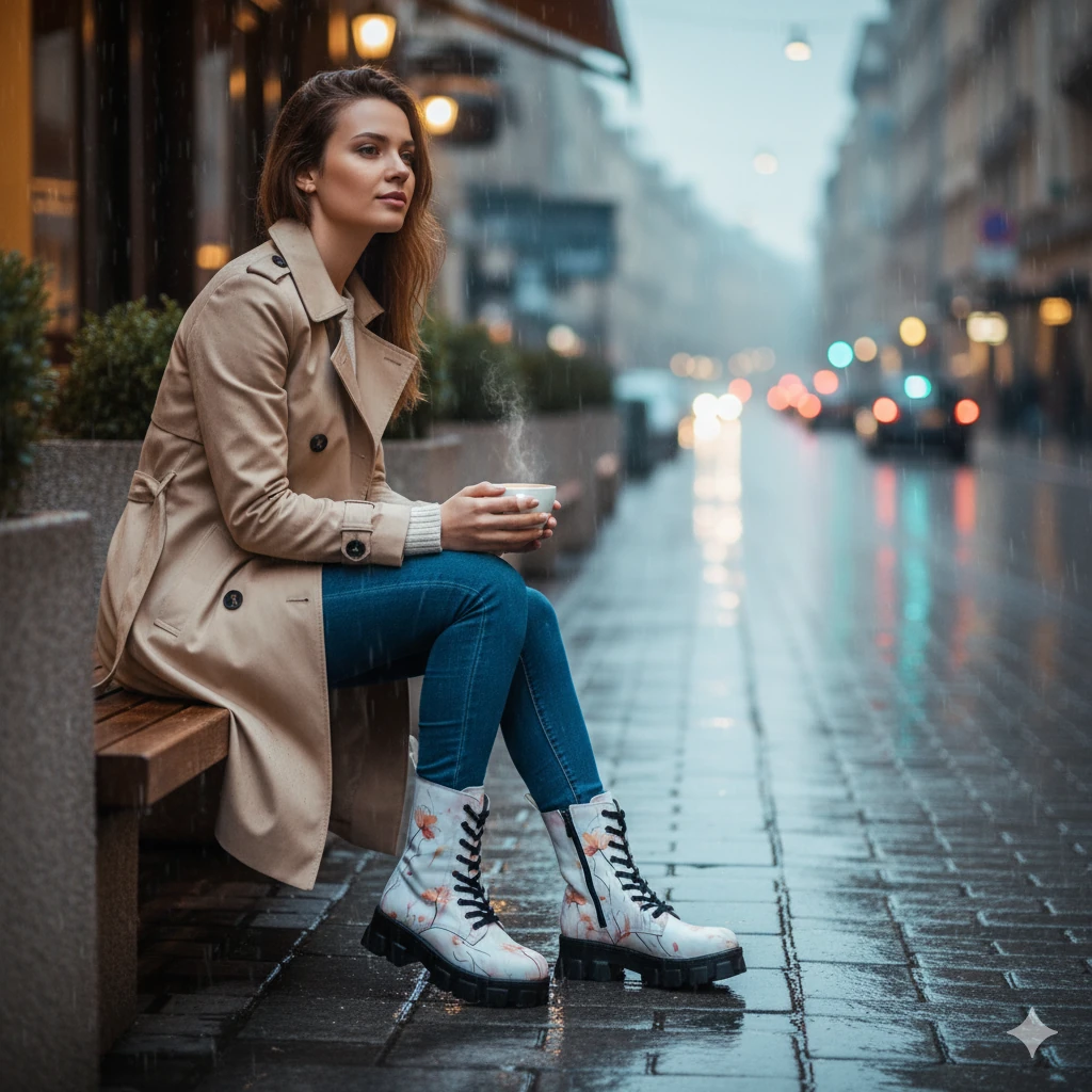 1101 Turuncu Çiçek Desenli Kışlık Uzun Bot