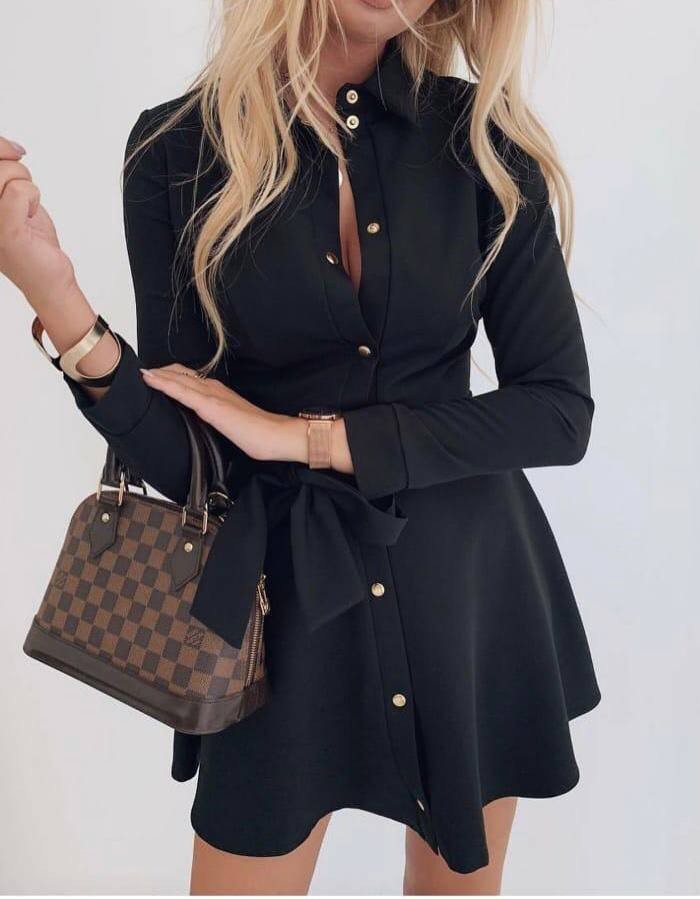 Kadın Pembe/Siyah Beli Kuşaklı Çıtçıt Düğmeli Atlas Kumaş Mini Elbise