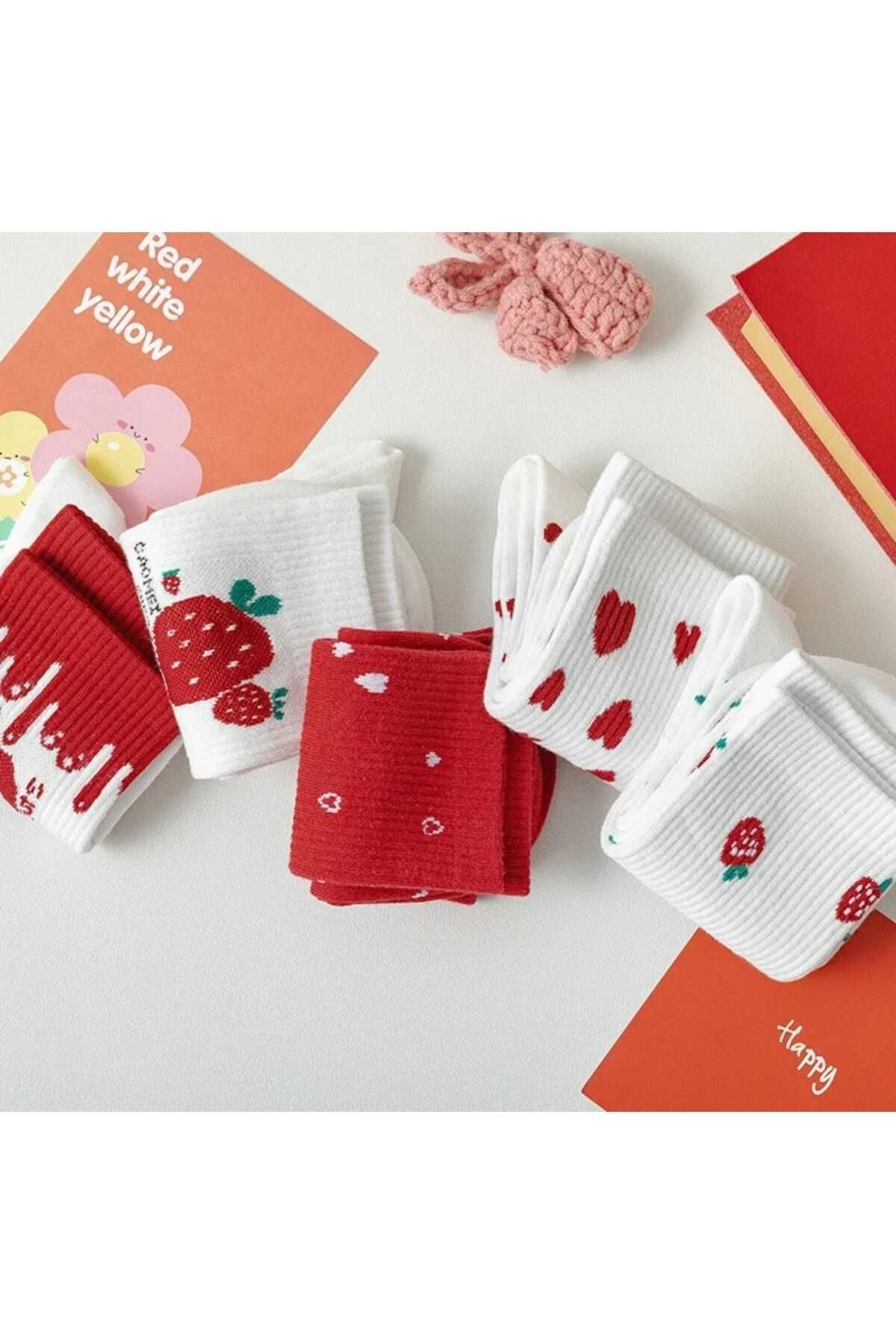 Kalpli Çilekli (LOVE-STRAWBERRY) Kırmızı-beyaz Kolej Pamuklu Çorap 4 Lü