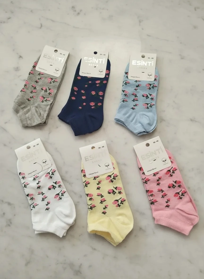 Çiçek Desenli Dikişsiz Burun Penye Bayan Patik Çorap 12'Li Paket