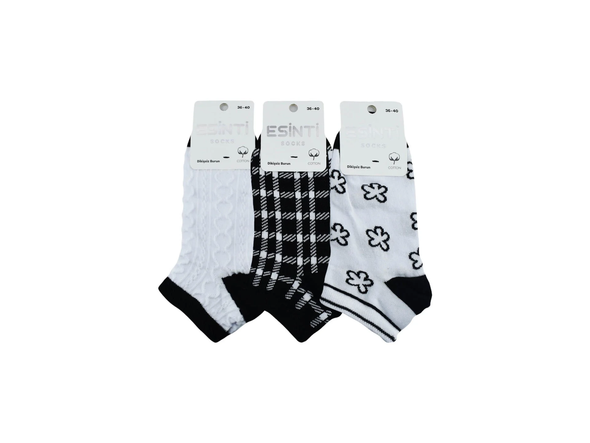 Beyaz Desenli Dikişsiz Burun Penye Bayan Patik Çorap 12'Li Paket