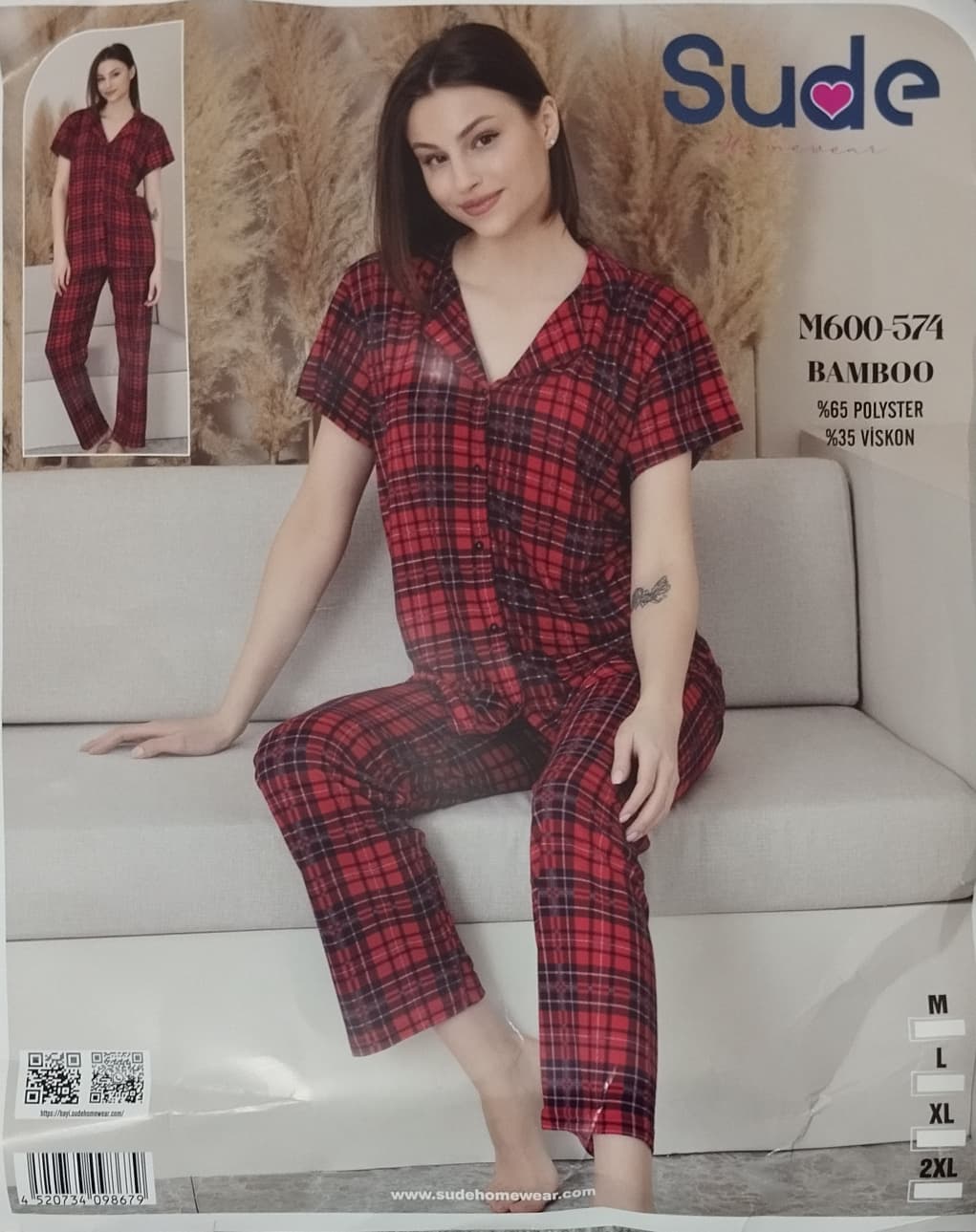 XL Beden Bambu Kumaş Ekoseli Pijama Takımı