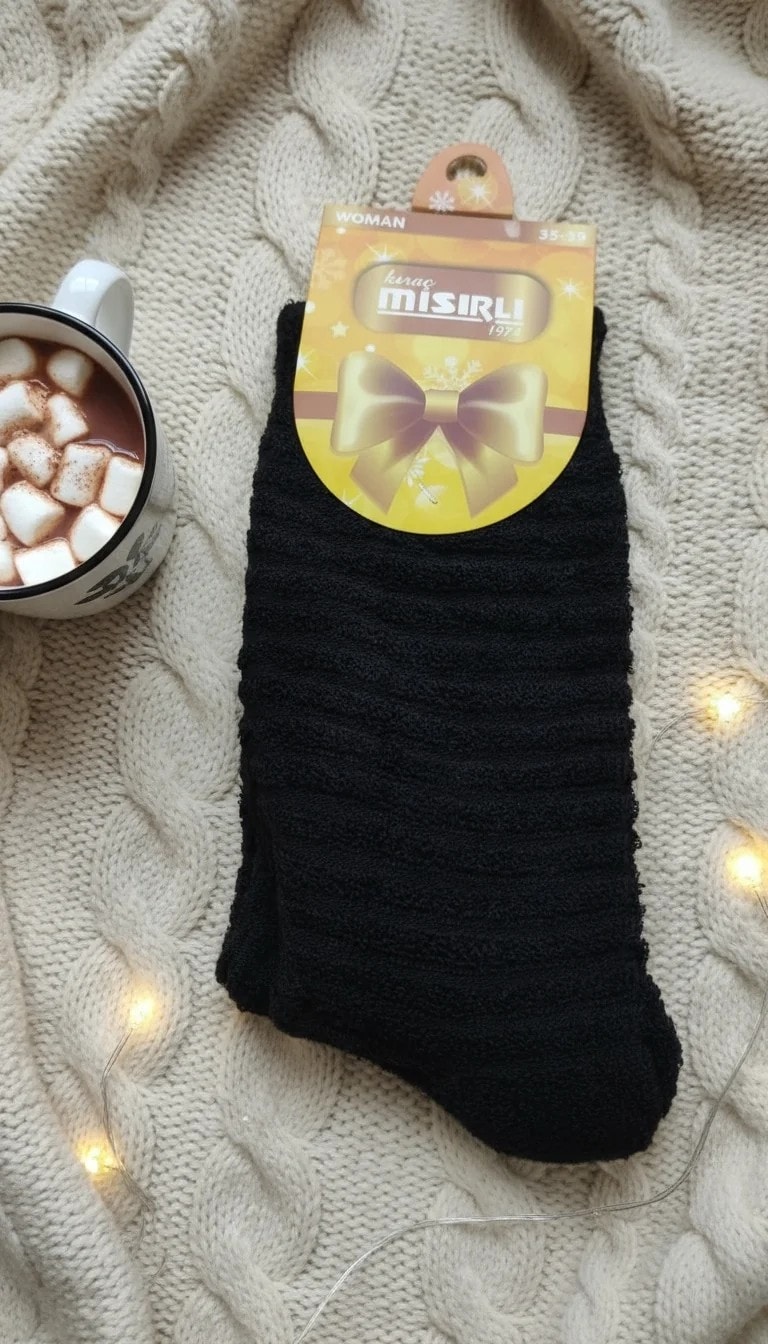 12'Li Siyah Renk Ters Havlu Bayan Uzun Kışlık Çorap