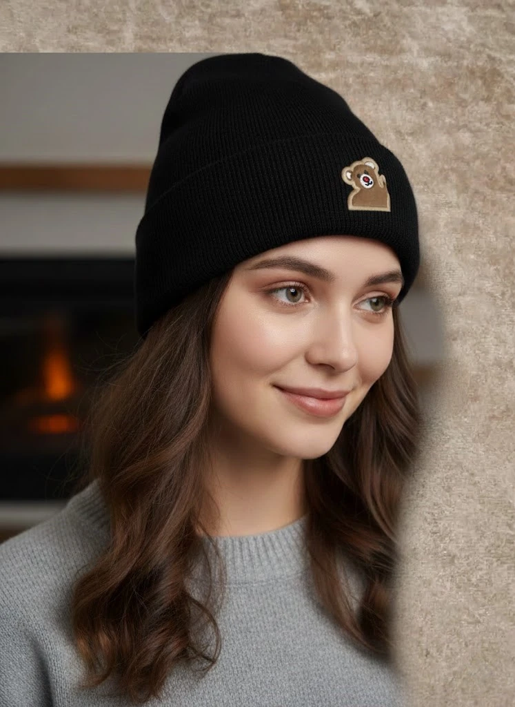 Tedy Bear Desenli Triko Kumaş Nakış İşlemeli Siyah Bere 1 Adet