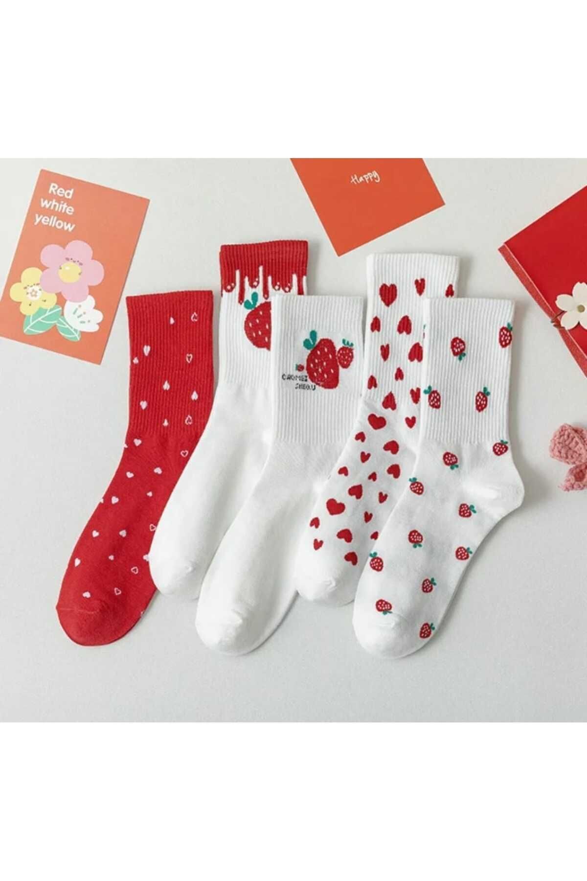 Kalpli Çilekli (LOVE-STRAWBERRY) Kırmızı-beyaz Kolej Pamuklu Çorap 4 Lü