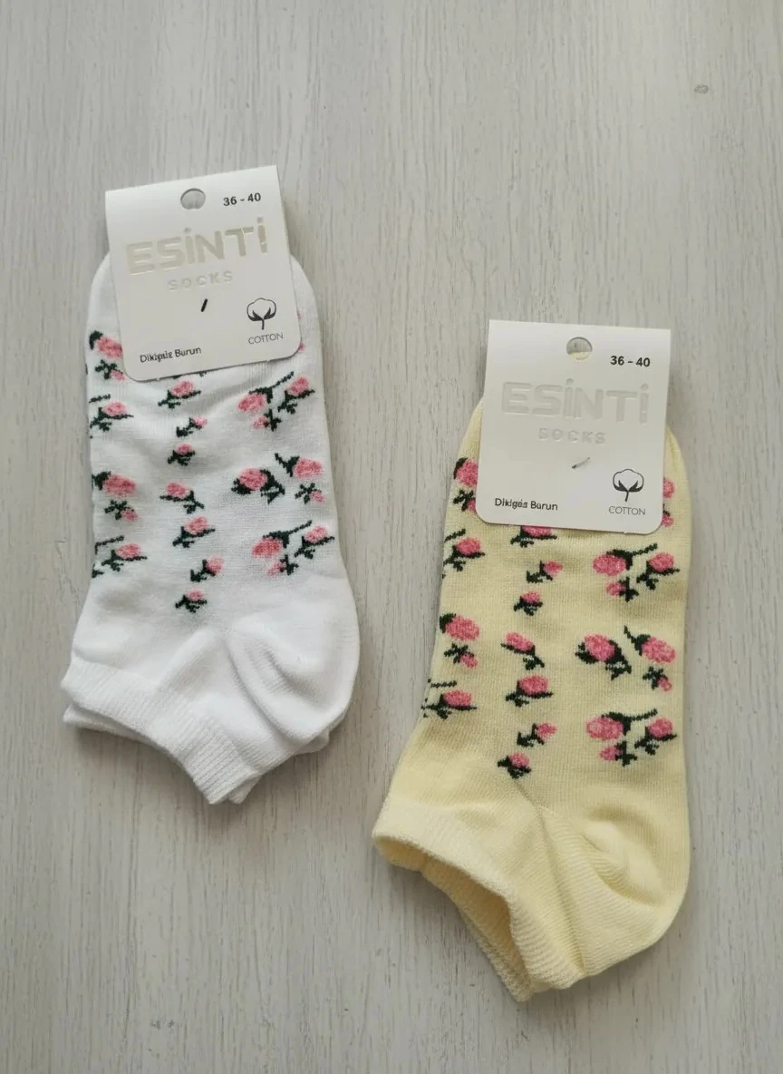 Çiçek Desenli Dikişsiz Burun Penye Bayan Patik Çorap 12'Li Paket