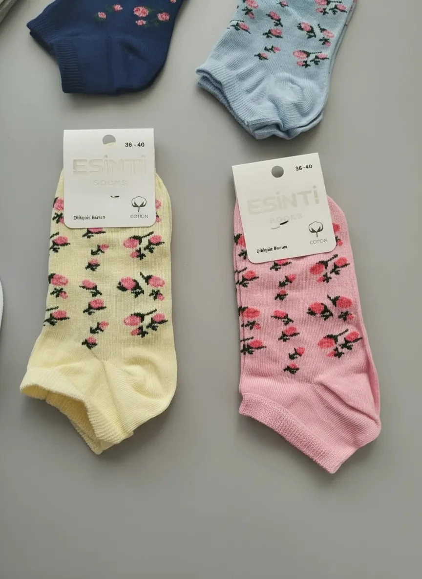 Çiçek Desenli Dikişsiz Burun Penye Bayan Patik Çorap 12'Li Paket
