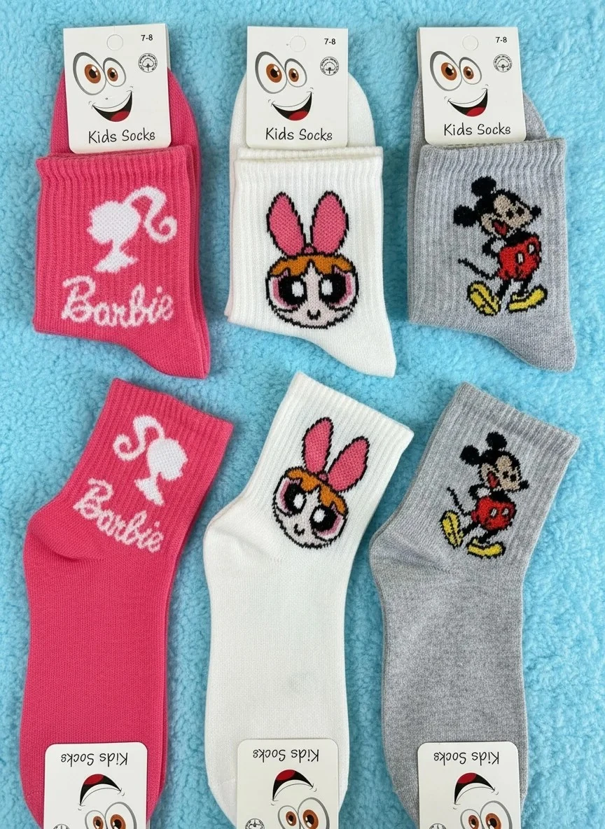 5-6 Yaş Kız Çocuk Karakter Desenli Kolej Çorap 12'Li Paket