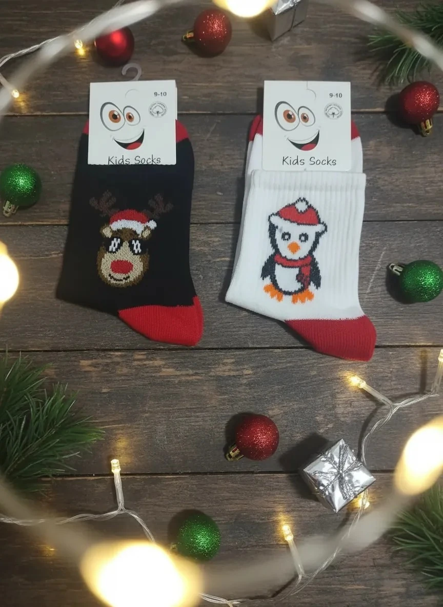11-12 Yaş Unisex Çocuk Yılbaşı Desenli Kolej Çorap 12'Li Paket