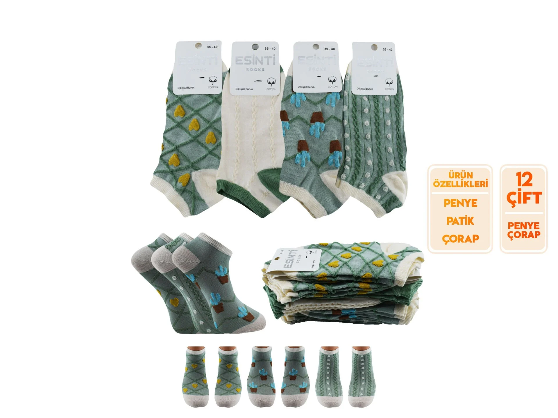 Yeşil Dikişsiz Burun Penye Bayan Patik Çorap 12'Li Paket
