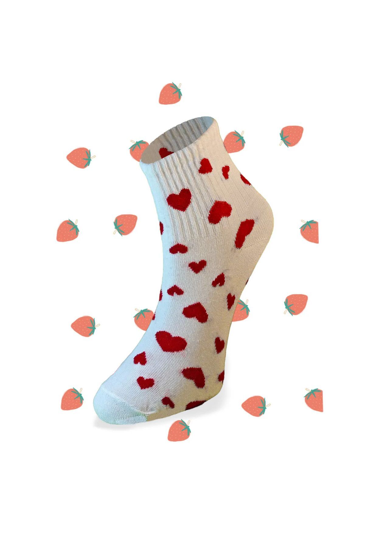 Kalpli Çilekli (LOVE-STRAWBERRY) Kırmızı-beyaz Kolej Pamuklu Çorap 4 Lü