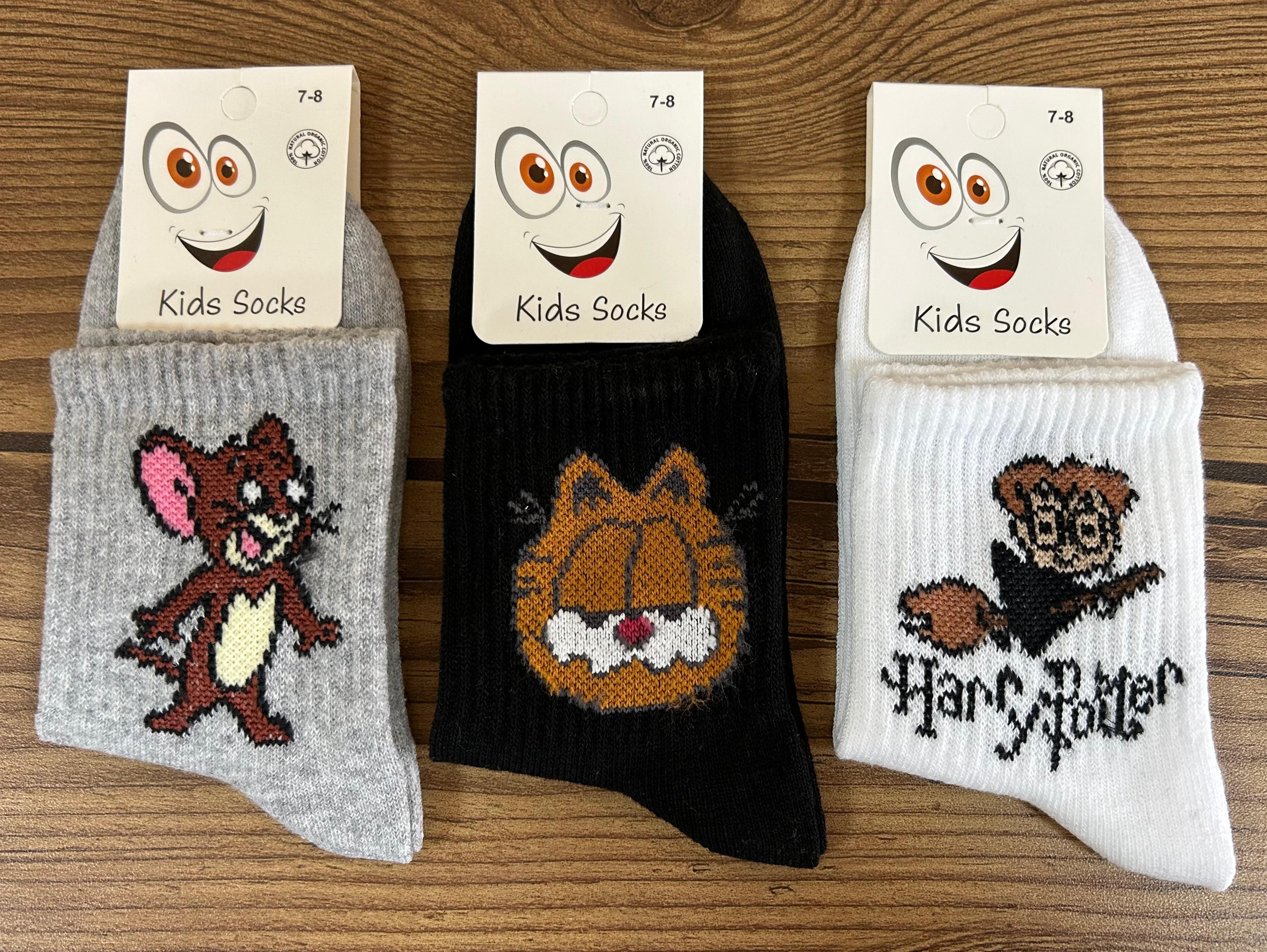 11-12 Yaş Unisex Çocuk Karakter Desenli Kolej Çorap 12'Li Paket