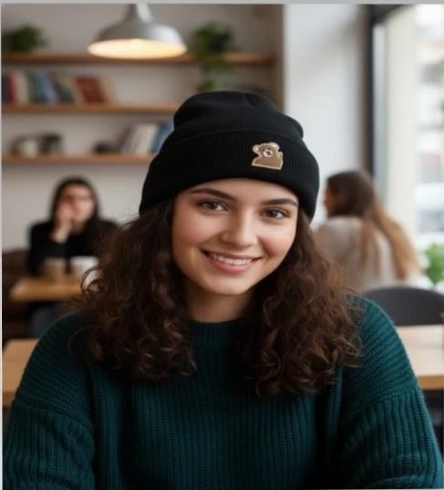 Tedy Bear Desenli Triko Kumaş Nakış İşlemeli Siyah Bere 1 Adet