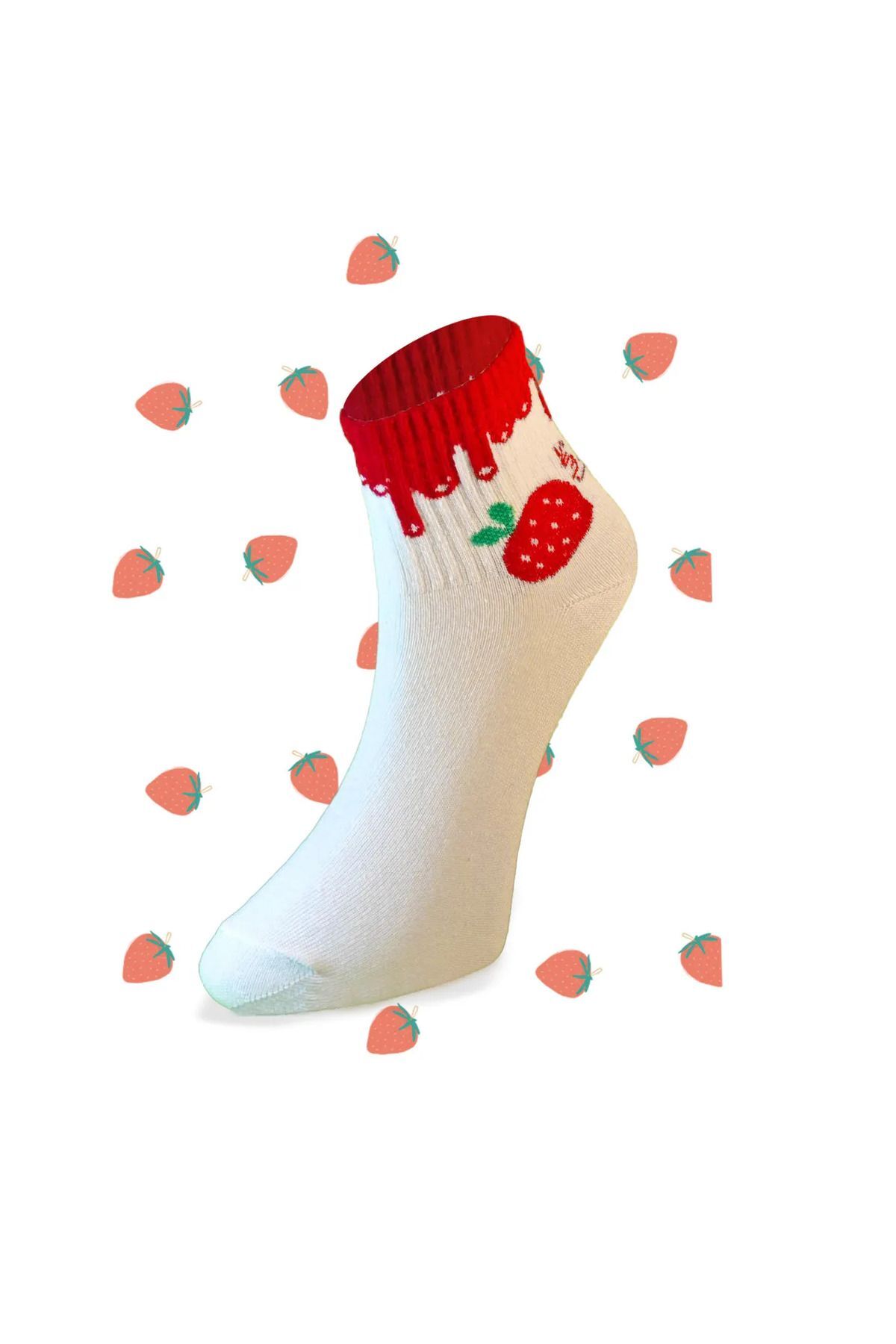 Kalpli Çilekli (LOVE-STRAWBERRY) Kırmızı-beyaz Kolej Pamuklu Çorap 4 Lü