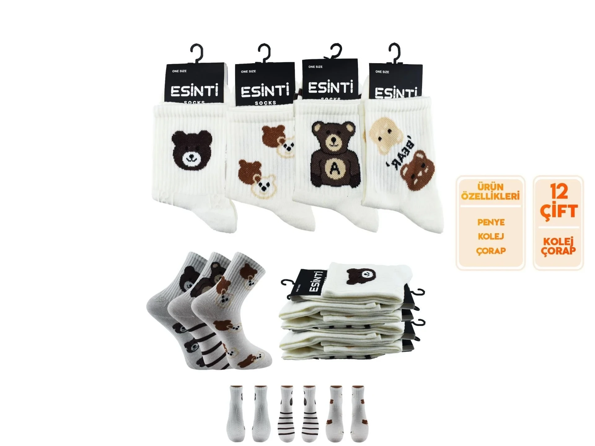 Penye Pamuk Tedy Bear Desenli Kolej Çorap 12'Li Paket