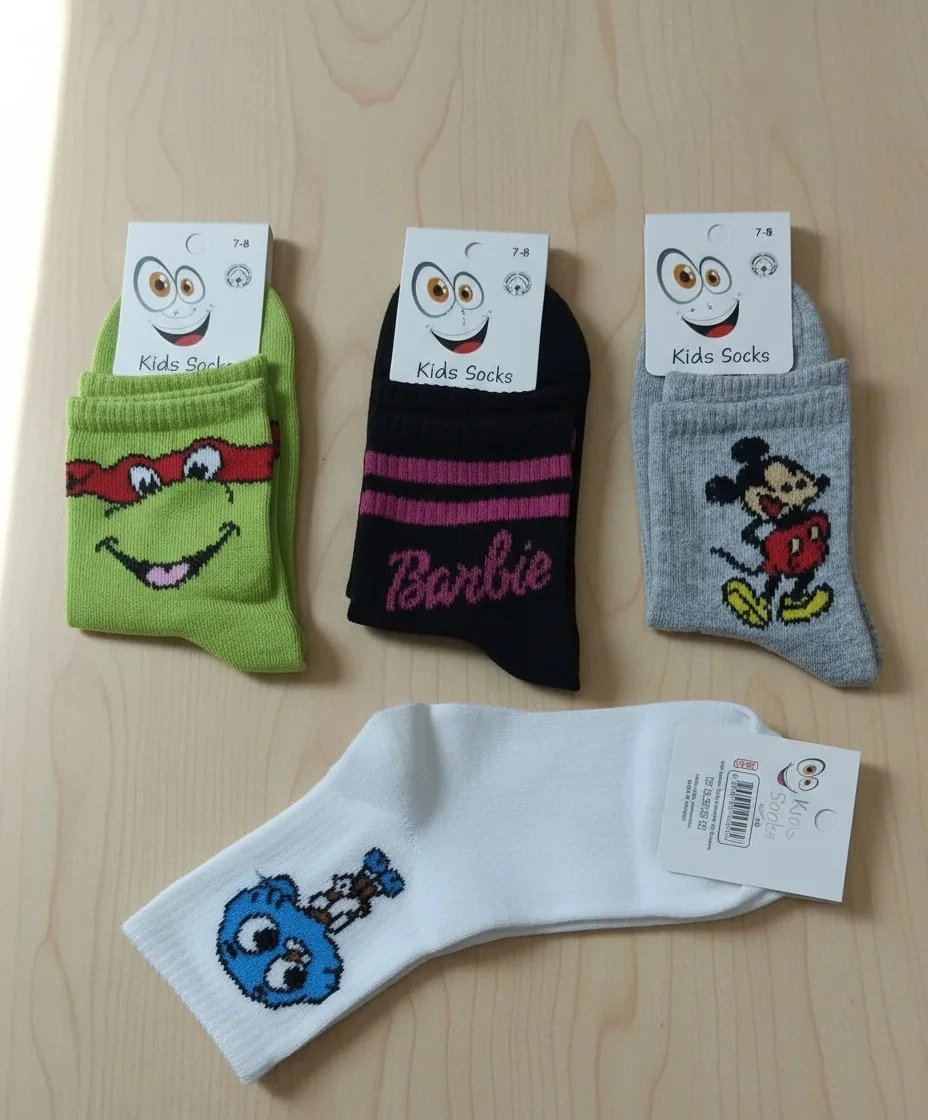 9-10 Yaş Kız Çocuk Karakter Desenli Kolej Çorap 12'Li Paket