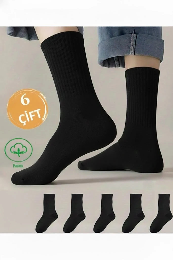 Unisex Düz Siyah Tenis Boy Çorap 6'Lı Paket