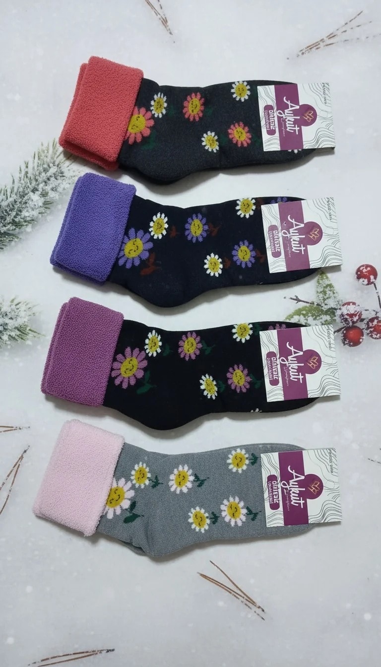 12'Li Bayan Dikişsiz Kışlık Uzun Konç Kıvrık Havlu Çorap