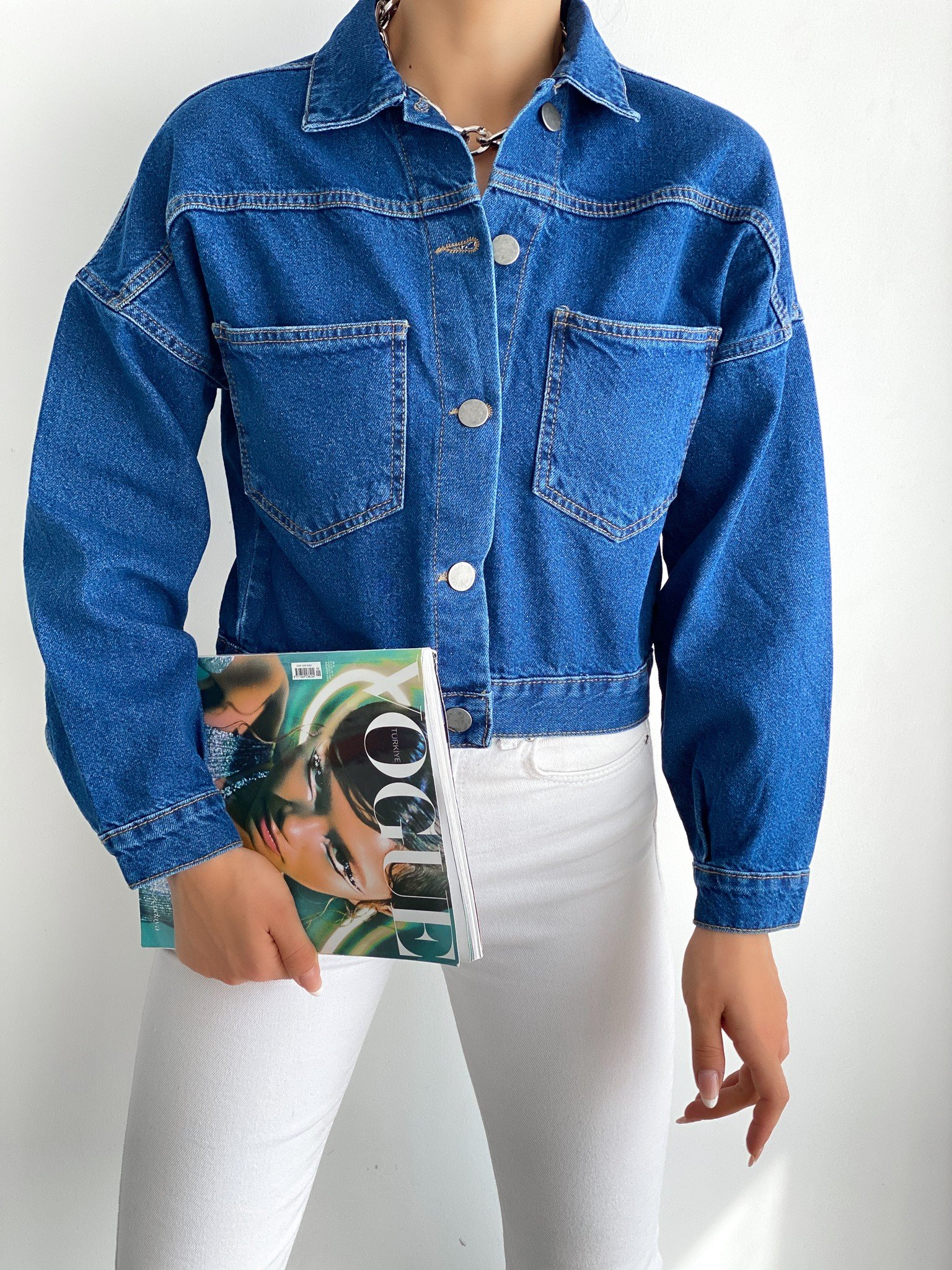 Çift Cepli Denim Crop Ceket