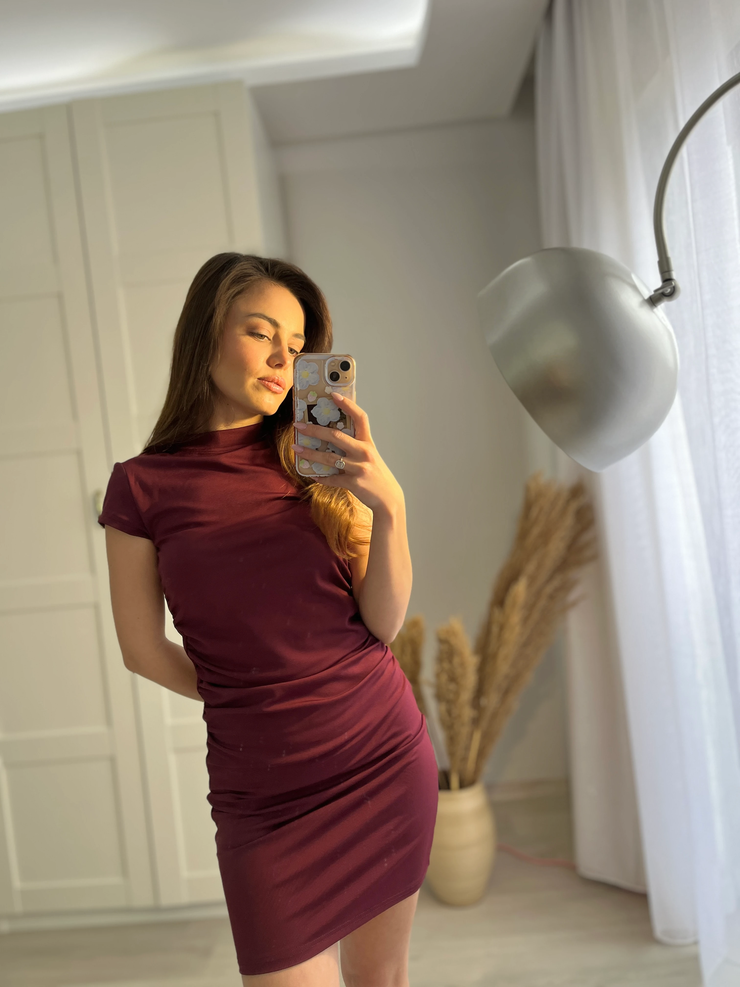  Büzgülü Kısa Elbise - Bordo